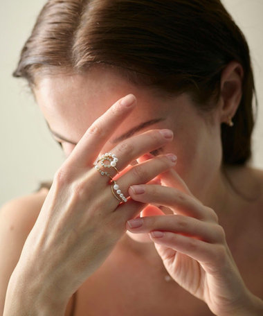 K18YG スケール パール/ダイヤモンド ダブルライン リング